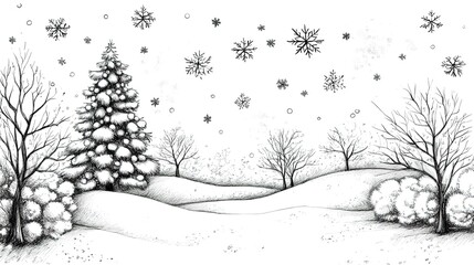 Hand-painted landscape illustrations with black and white lines,generated with AI. 