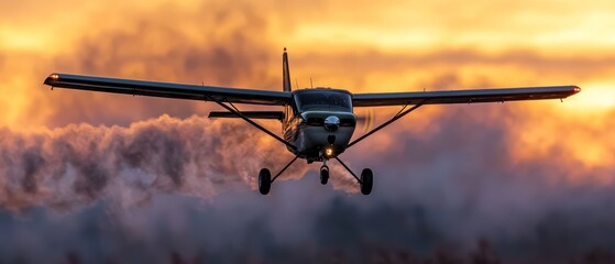 Canvas Print -  A small plane flies against a sunset backdrop, with clouds scattering across the sky behind it