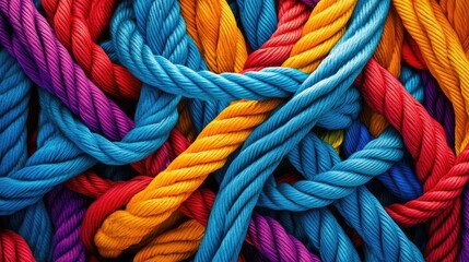 Closeup of colorful ropes intertwined and knotted together.