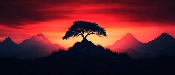 Canvas Print -  A tree silhouette atop a mountain against a backdrop of a reddening sky, with foreground mountains