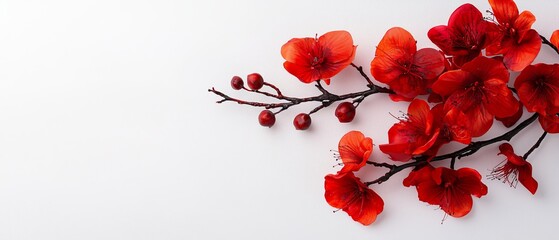 Poster -  Red flowers cluster on a pristine white table, accompanied by a red-bloomed branch beside it