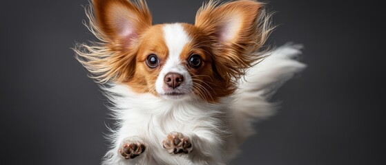 Wall Mural -  A small brown-and-white dog stands on its hind legs, paws raised