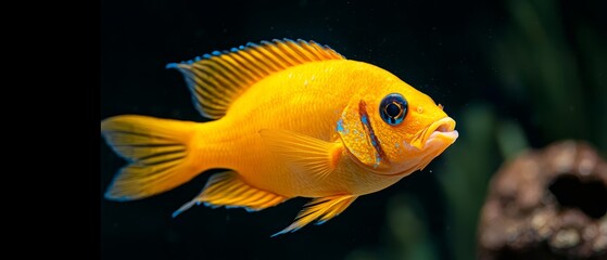  A tight shot of a yellow fish swimming near aquarium glass, surrounded by plants in the background, and clear water in the foreground