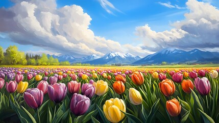 Wall Mural - Springtime Tulips Field with Mountain View.