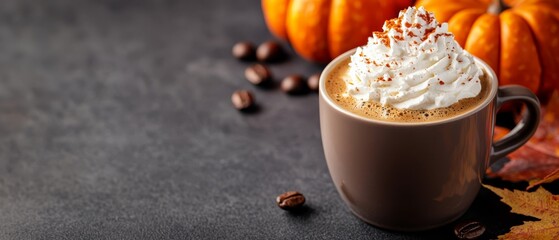 Canvas Print -  A cappuccino with whipped cream and coffee beans on a dark surface Behind it, arranged as fall decorations, are pumpkins