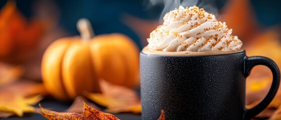 Poster -  A cup of hot chocolate, topped with whipped cream, surrounded by fall leaves, and set against a backdrop of pumpkins