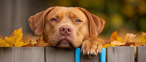 Wall Mural -  A tight shot of a dog placing its head over a fence, gazing beyond it