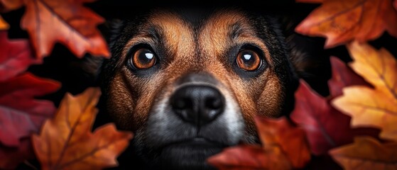 Wall Mural -  A tight shot of a dog's expressive eyes, wide with wonder, nestled among a mound of vibrant leaves