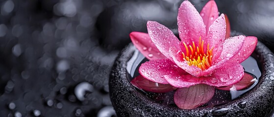 Wall Mural -  A pink water lily atop still water, dotted with dew-like drops