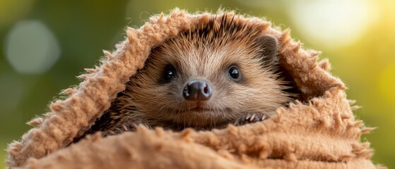 Wall Mural -  A tight shot of a hedgehog within a cozy blanket, gazing intently at the camera with a quizzical expression