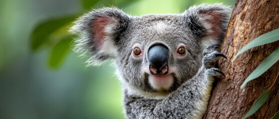 Wall Mural -  A tight shot of a koala in a tree, gazing at the camera with an expression of astonishment