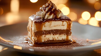 Tiramisu topped with caramel sauce, set against a warm, golden sunset backdrop