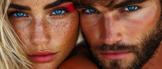 Wall Mural -  A tight shot of a man and a woman, both with freckled complexions and piercing blue eyes, gazing into the camera