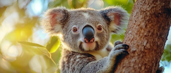 Canvas Print -  A koala sits in a tree, gazing sadly at the camera with expressive eyes