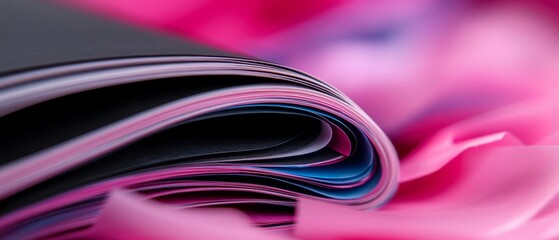  A close-up of a black book with a pink and blue design covering its front