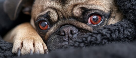 Wall Mural -  A tight shot of a Pug dog resting atop a blanket, its head atop a darker section