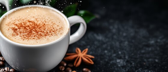 Sticker -  A cup of coffee with cinnamon on a black table Nearby, coffee beans and a star anise