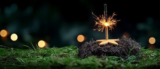 Wall Mural -  A tight shot of a sparkler atop mossy terrain, lights in the background at a distance