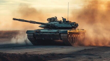 Military Tank Driving Through Dusty Terrain