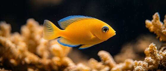  A tight shot of a fish near corals, with corals in the background and water in the foreground