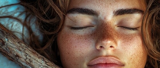 Sticker -  A close-up of a woman's face with her eyes shut and freckles dotting it