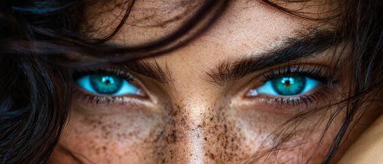 Poster -  A tight shot of a woman's face with freckles scattered across it and blue eyes gazing into the camera