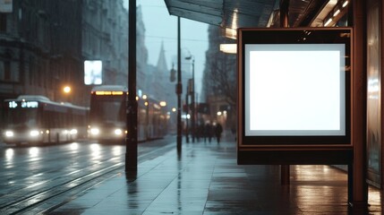 Blank Billboard in the City Rain.