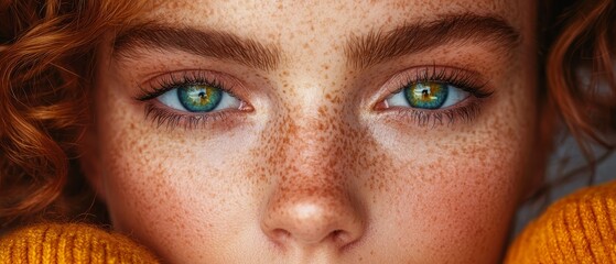 Wall Mural -  A tight shot of a woman's face adorned with freckles, some larger than others