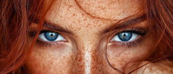 Wall Mural -  A tight shot of a woman's face adorned with freckles, one her cheeks, the other around her eyes