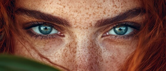 Poster -  A tight shot of a woman's face adorned with freckles, including those around her eyes