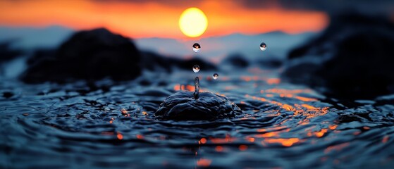 Poster -  A tight shot of a rock submerged in water, speckled with droplets, and framed by a sunset backdrop