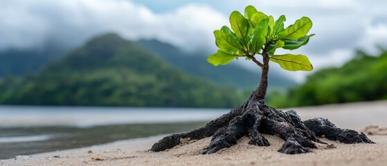 Sticker -  A tiny tree emerges from the sand, framed by a tranquil body of water Mountains loom majestically in the background