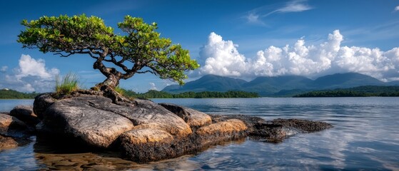  A pine tree atop a rock in a waterbody's center, mountains as backdrop