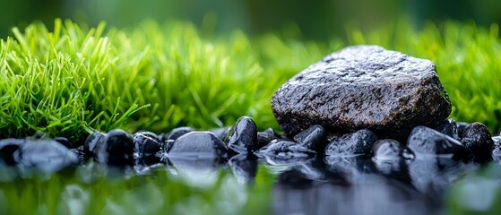 Poster -  A rock perched atop a tranquil body of water, adjacent to a verdant field of grass, with a small puddle forming at its base