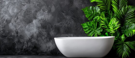 Sticker -  A white bowl atop a table, near a wall where a plant grows, its green stem and foliage extending in front