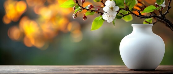 Poster -  A white vase atop a wooden table, adjacent a tree branch bearing white blossoms