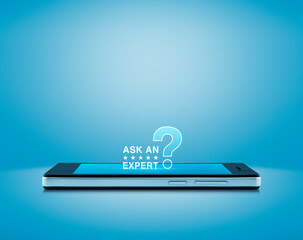 Poster - Ask an expert with stars and question mark sign icon on modern smart mobile phone screen over light blue background, Business communication online concept