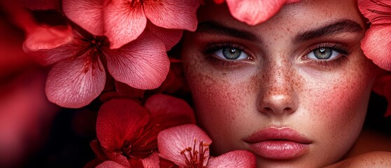 Wall Mural -  A stunning young woman, her skin adorned with freckles, holds flowers matching her complexion as she poses for a photograph