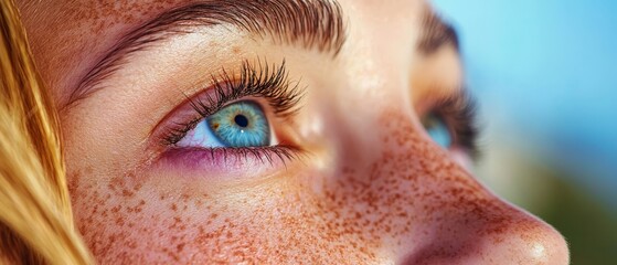 Poster - freckled skin, blue eyes, and eyelashes dotted with freckles