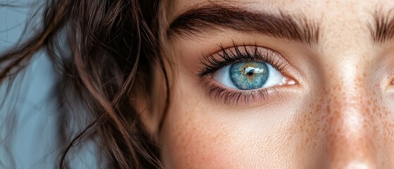 Poster -  A close-up of a woman's blue eye with freckled hair framing her face