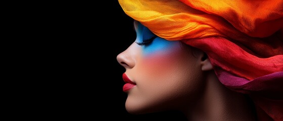 Canvas Print -  Close-up of woman's face wearing orange-red scarf against black background