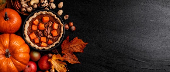 Poster -  A pie atop a table, surrounded by a heap of pumpkins and autumn produce