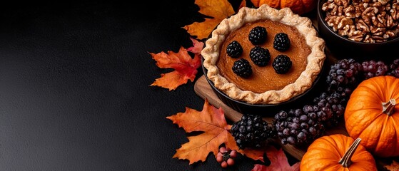 Sticker -  A table, topped with a pie, features a bowl of berries on one side and another bowl containing nuts nearby Additionally, there's a third bowl holding blackberries