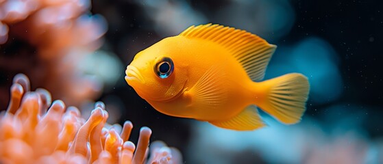 Wall Mural -  A tight shot of a yellow fish near corals, surrounded by various corals in the background