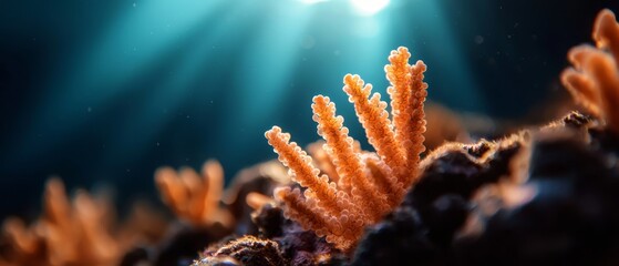 Wall Mural -  A tight shot of a sea anemone on coral, illuminated by a brilliant light from above