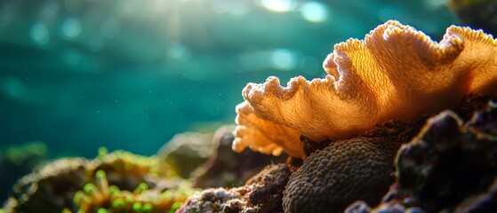 Wall Mural -  A tight shot of a coral on a reef, sunlit water casting light through it, with corals in the near vicinity