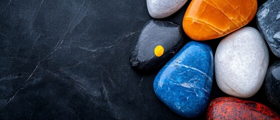 Poster -  A collection of distinctively colored rocks perched atop a black stone, painted yellow, red, and blue