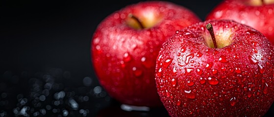 Poster -  Three red apples atop a table, surrounded by raindrops on its black surface against a black background