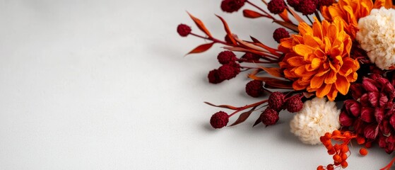 Canvas Print -  A tight shot of an arrangement of flowers against a white background, featuring red and orange blooms at its center