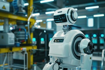 Poster - White robot is standing on an automated production line in a high tech factory